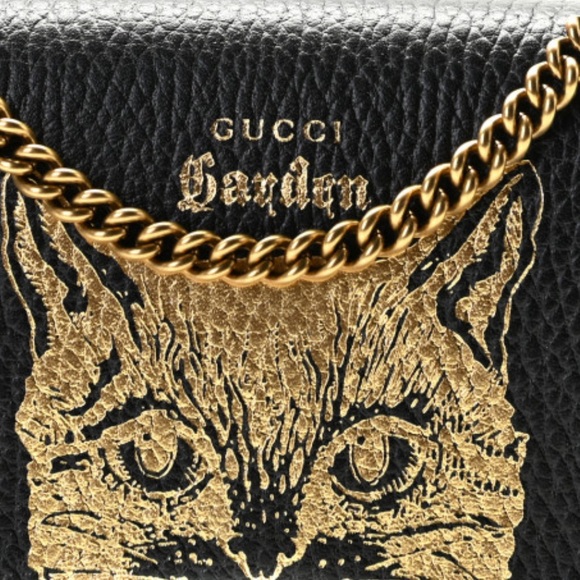 GUCCI Dollar Calfskin Garden Mystic Cat Chain Wallet in Black authentic new box - Picture 10 of 12